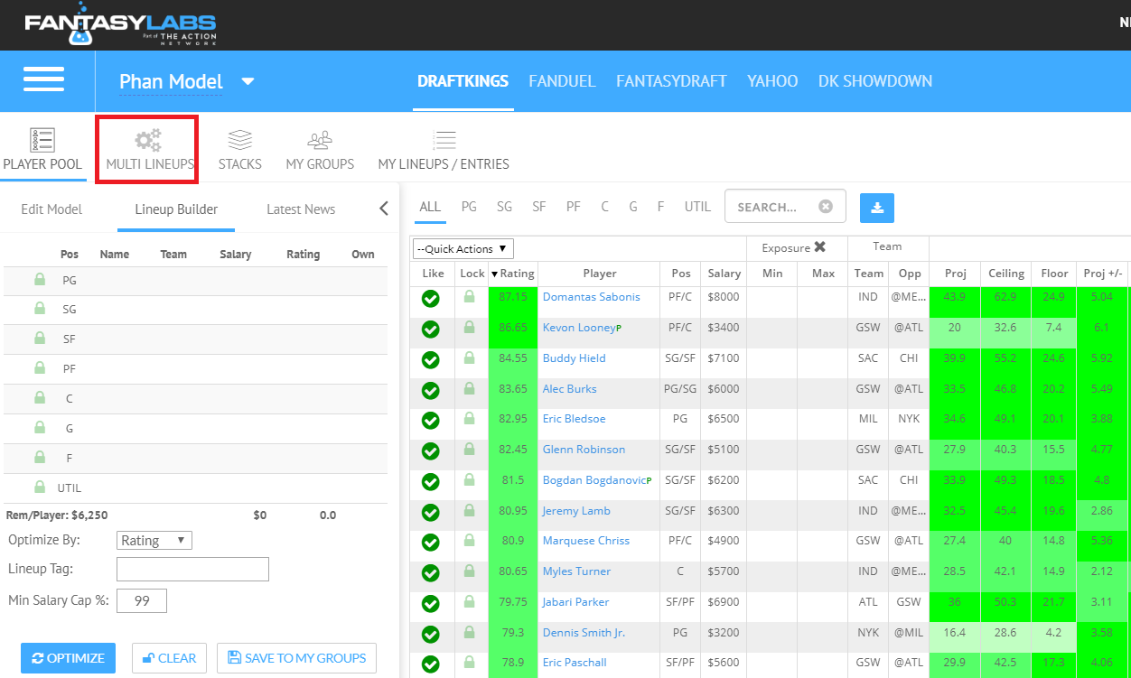 Nba Multi Lineup Builder Written Tutorial Fantasylabs Support